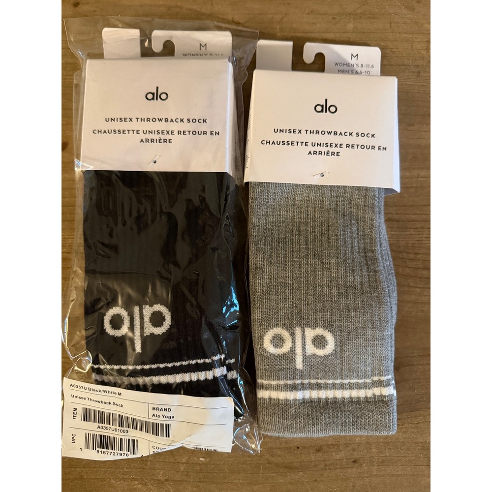 Alo Yoga Unisex Throwback Sock Bundle 2 Pairs Grey Black White Size M A0357U